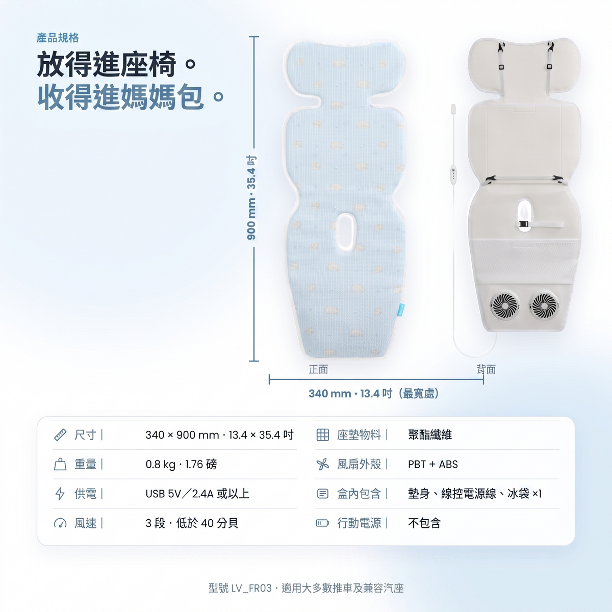 產品規格:340×900mm・0.8kg・USB 供電